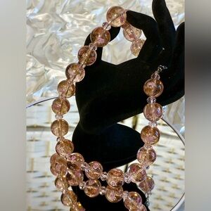 Pink Color Murano Style, Pink Glass Beaded Necklace (20-22 Inches) in Silvertone